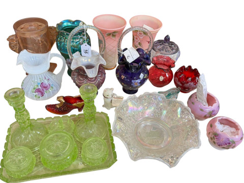 Collection of coloured glass including Fenton, trinket set and D Frederick...