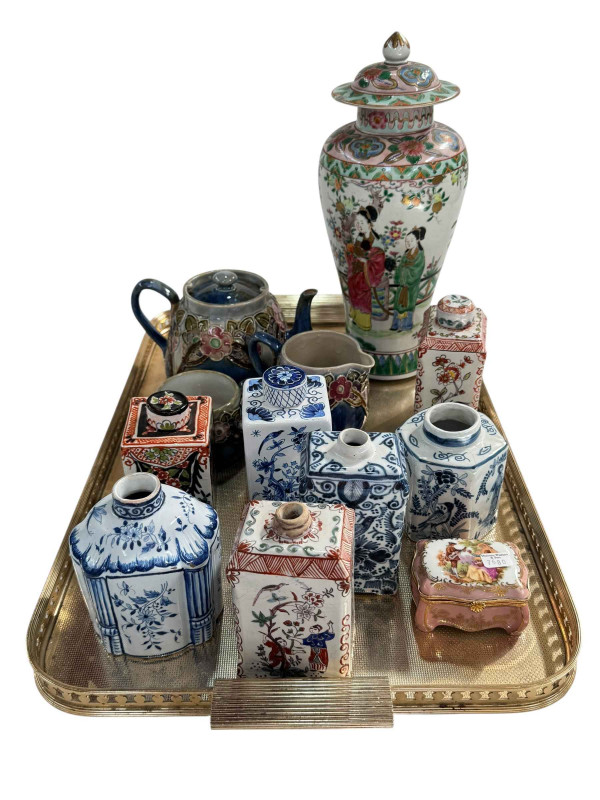 Royal Doulton Stoneware three piece tea set, Oriental vase, various caddies and pill box.