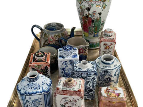 Royal Doulton Stoneware three piece tea set, Oriental vase, various caddies...