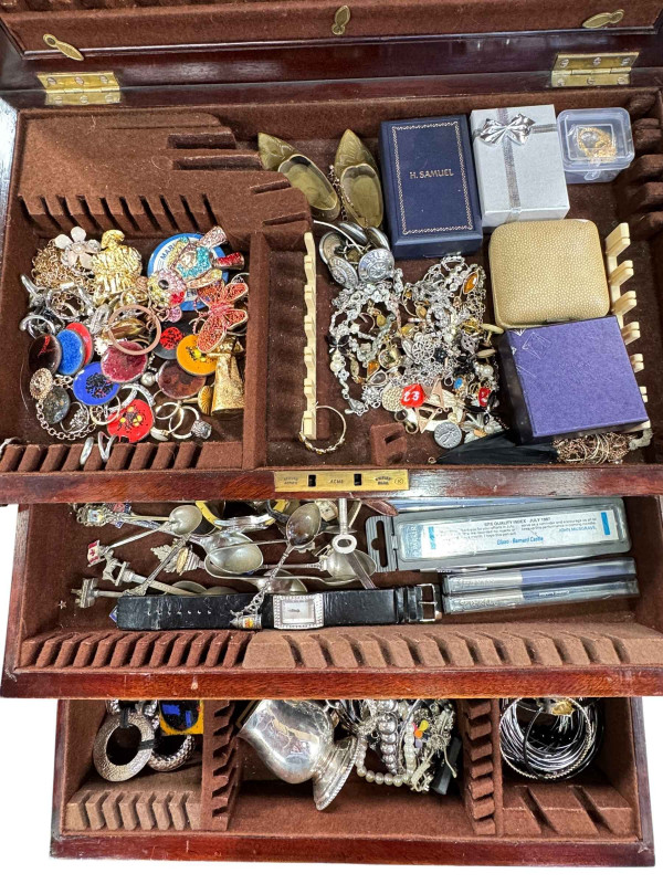 Mahogany box of costume jewellery, watches, pens, etc.