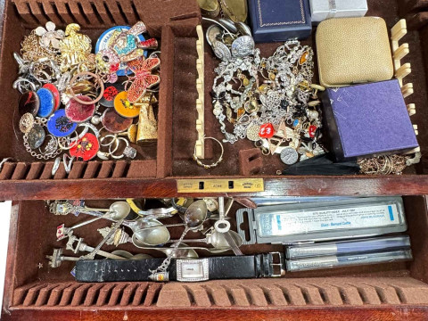 Mahogany box of costume jewellery, watches, pens, etc.