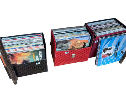 Three cases of LP and 12'' single records.
