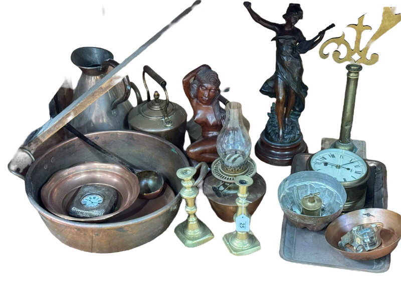 Collection of copper and brass including large jug, two kettles, lamp, two handled pan, spelter and wood figures, etc.