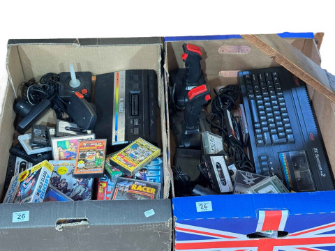 Vintage computer equipment including ZX Spectrum 2, Atari, various games,...