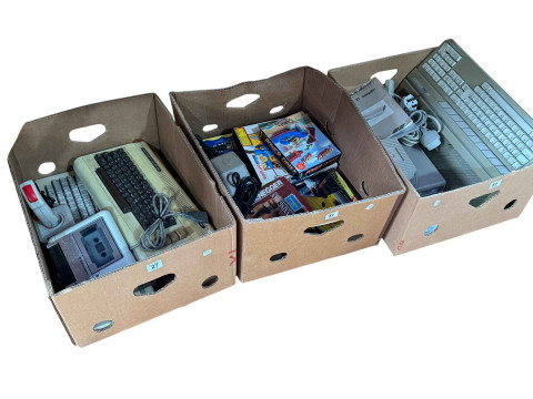 Three boxes of vintage computer equipment including Commodore VIC20, Atari...