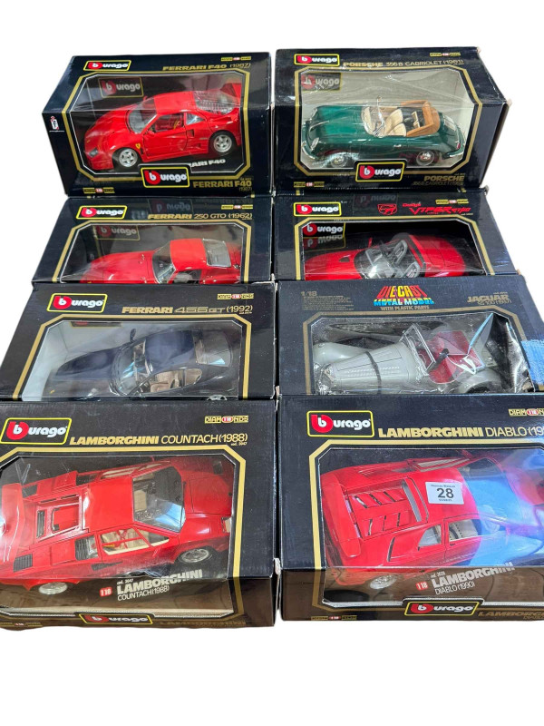 Ten Burago model vehicles, four Ferrari's, two Lamborghini's, Bugatti, Porsche, Dodge Viper and Jaguar.
