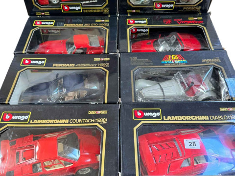 Ten Burago model vehicles, four Ferrari's, two Lamborghini's, Bugatti,...