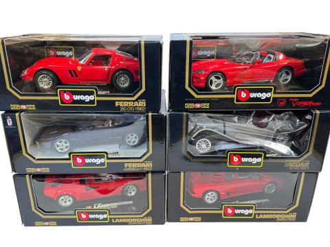 Ten Burago model vehicles, four Ferrari's, two Lamborghini's, Bugatti, Porsche, Dodge Viper and Jaguar. thumbnail
