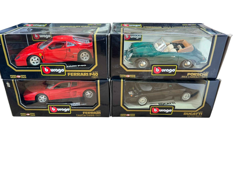 Ten Burago model vehicles, four Ferrari's, two Lamborghini's, Bugatti, Porsche, Dodge Viper and Jaguar.