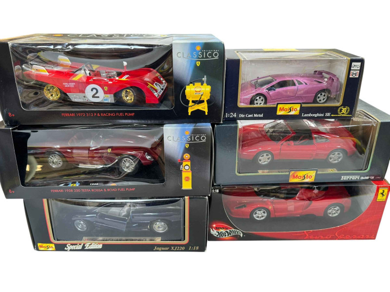 Six assorted Ferrari model vehicles including Maisto and Classico.