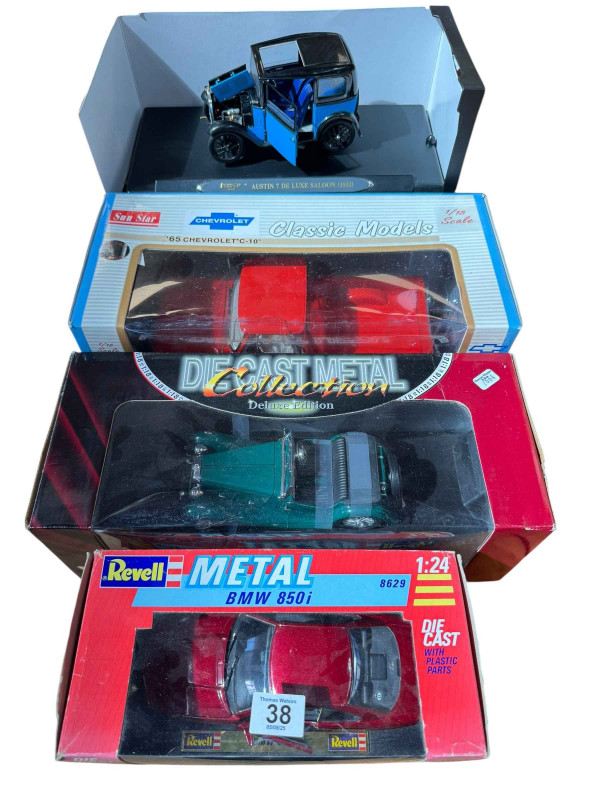 Sun Star 65' Chevrolet C-10, Road Signature 1947 MG TC Midget, Ricko Ricko Austin 7 DeLuxe Saloon 1932 and Revell BMW 850i.