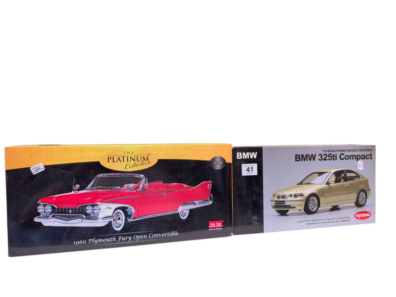Sun Star 1960 Plymouth Fury open convertible and Kyosho BMW 325 ti compact.
