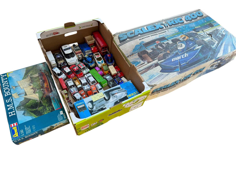 Scalextric 400, box of model vehicles and Revell HMS Bounty model kit.