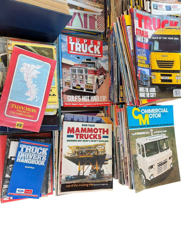 Large collection of truck magazines and books including Truck, Trucking, Commercial Motor, Super Truck, etc.