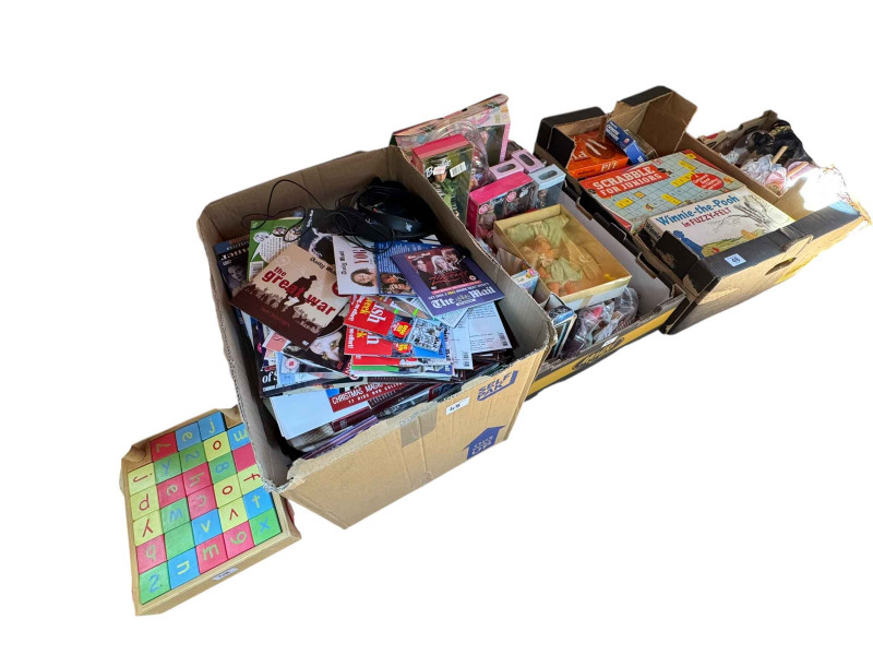 Large collection of dolls, games, baby walker, DVD's, etc.