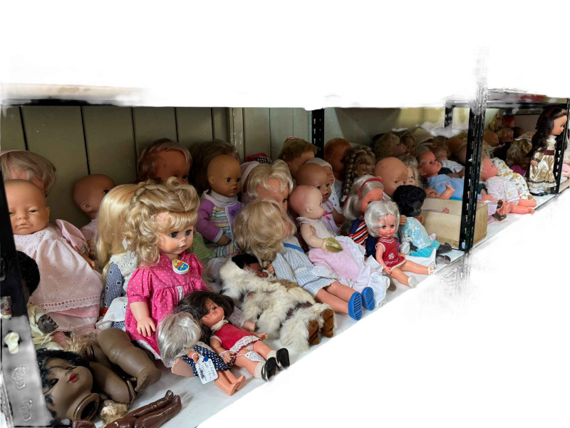 Full shelf of Mid 20th Century to present dolls.