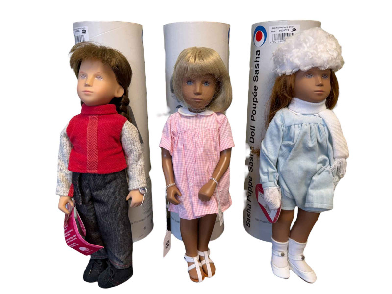 Three Sasha dolls, Anika, Sarah and Kyra, with tubes.