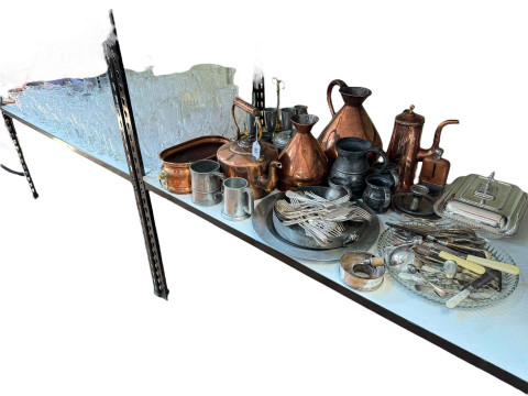 Polished copper wares, pewter plates and dishes, cutlery, glass wares,...