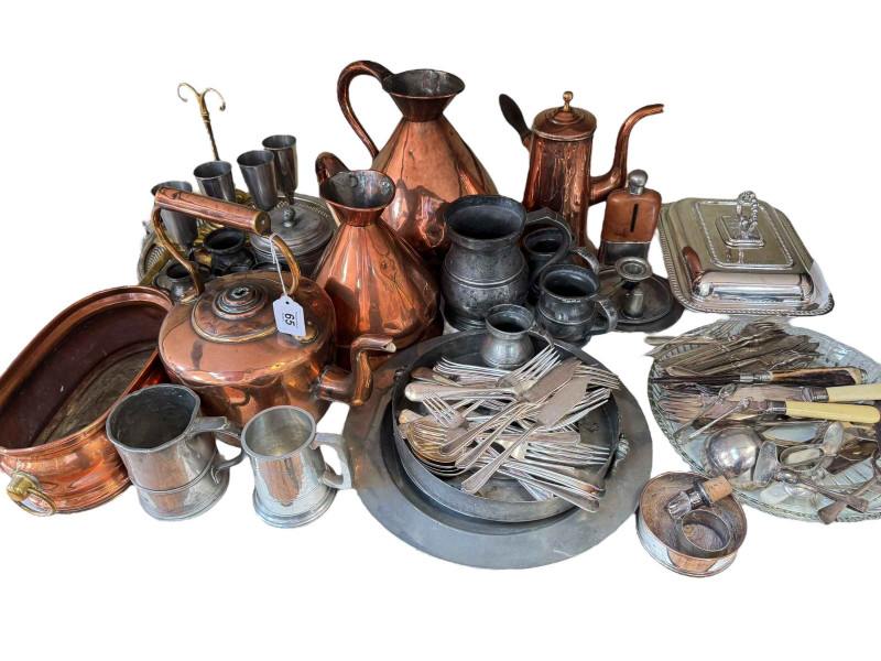 Polished copper wares, pewter plates and dishes, cutlery, glass wares, cased cutlery, etc.