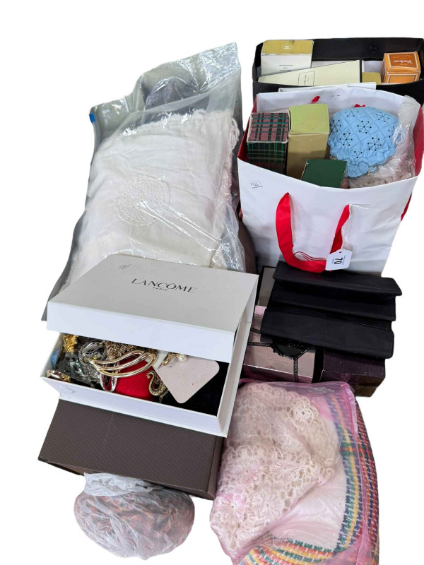 Collection of costume jewellery, christening gown, perfume bottles, etc.