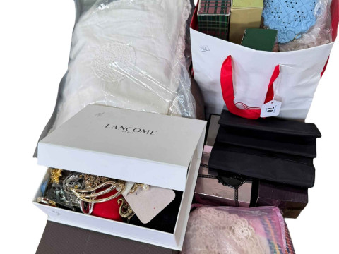 Collection of costume jewellery, christening gown, perfume bottles, etc.