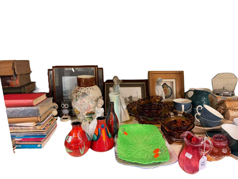 Collection of books, music sheets, figurines, Poole pottery, etc.