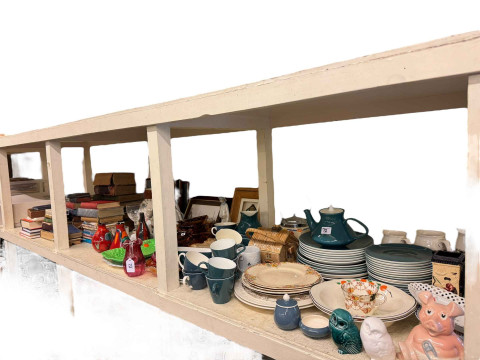 Collection of books, music sheets, figurines, Poole pottery, etc.