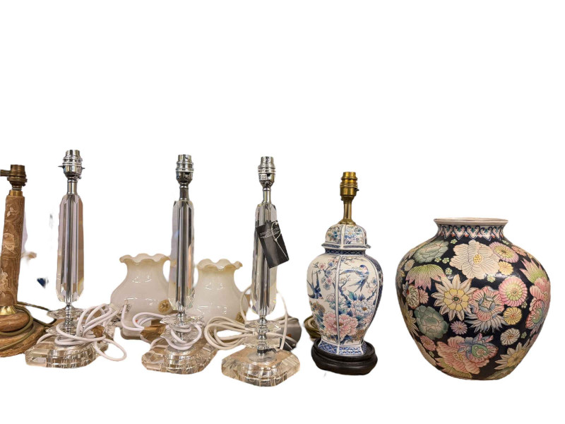 Victorian oil lamps, assorted decorative table lamps, Art Deco dog clock garniture, etc.