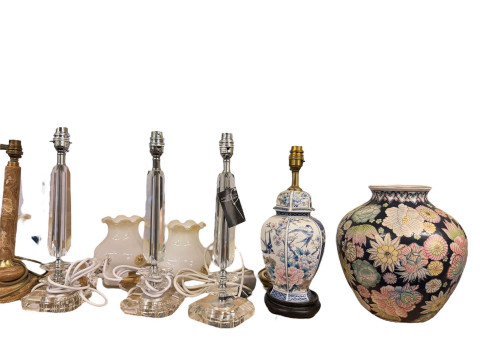 Victorian oil lamps, assorted decorative table lamps, Art Deco dog clock garniture, etc. thumbnail