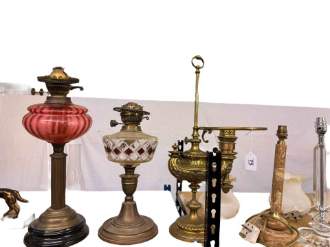 Victorian oil lamps, assorted decorative table lamps, Art Deco dog clock garniture, etc. thumbnail