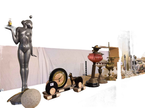 Victorian oil lamps, assorted decorative table lamps, Art Deco dog clock...