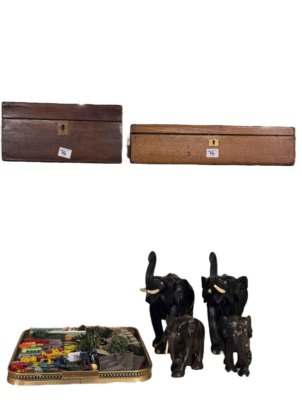 Two pairs of ebony elephants, two Victorian boxes, diecast toys, etc.