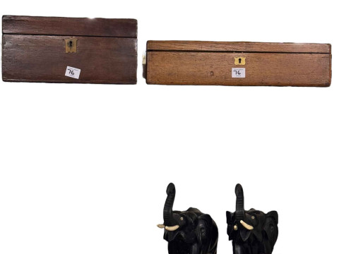 Two pairs of ebony elephants, two Victorian boxes, diecast toys, etc.