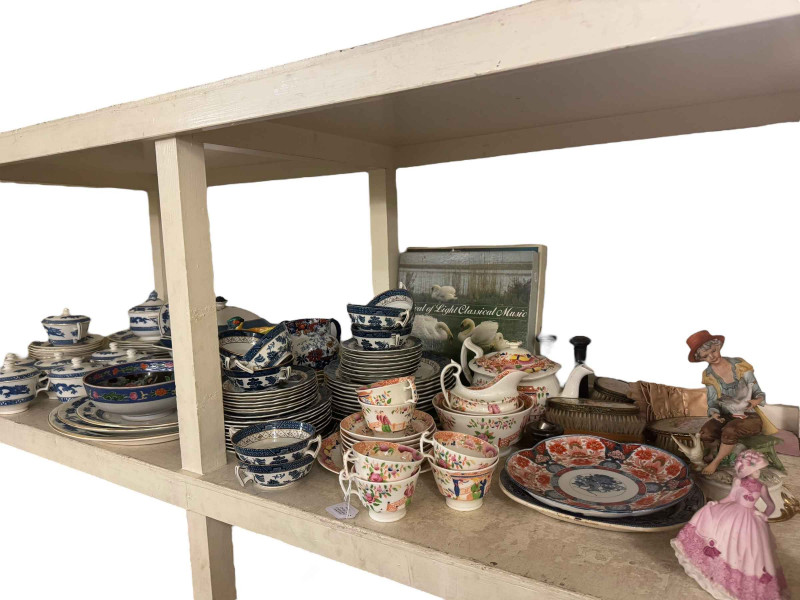 Cantonese style teaware, Cauldon blue and white dragon, Imari plate, figurines, Dennison pocket watch, etc.