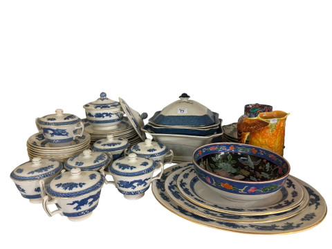 Cantonese style teaware, Cauldon blue and white dragon, Imari plate, figurines, Dennison pocket watch, etc. thumbnail