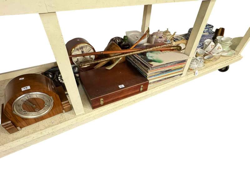 Vintage bell telephone, mantel clocks, canteen of cutlery, LP records, teawares, etc.