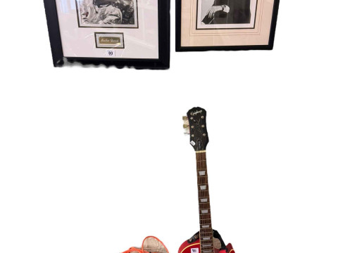 Epiphone Les Paul guitar with amp and two framed autograph reprinted photographs.