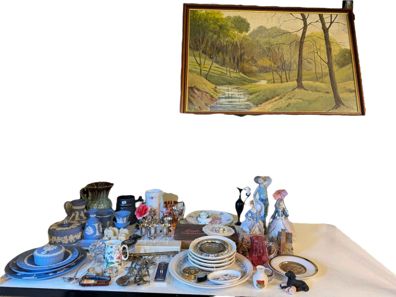 Percy Hobley painting, Wedgwood Blue Jasperware, three Lladro figures, metalwares, etc.