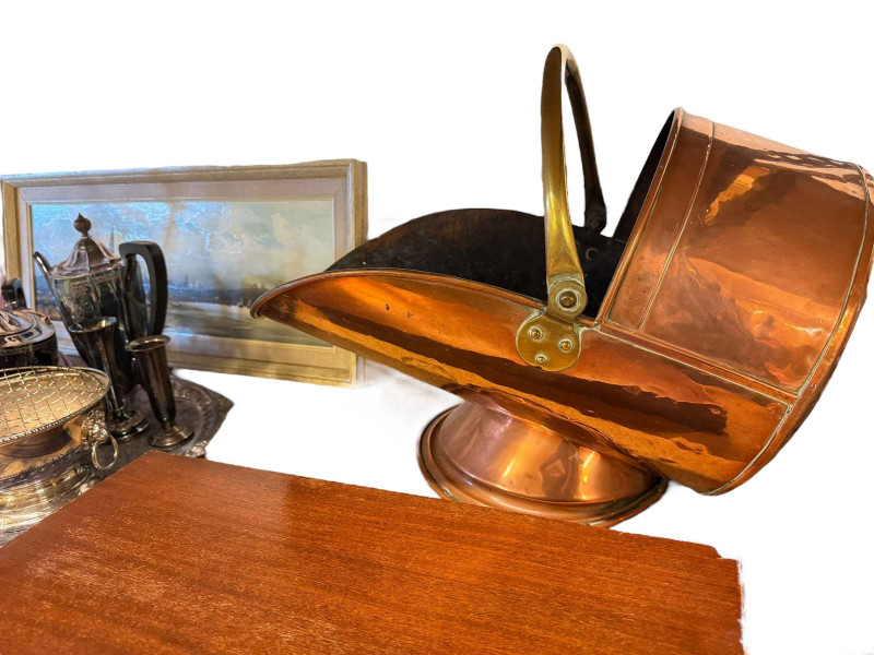 Polished copper coal scuttle, canteen of cutlery, silver plated wares, Edward Elliott oil painting, etc.