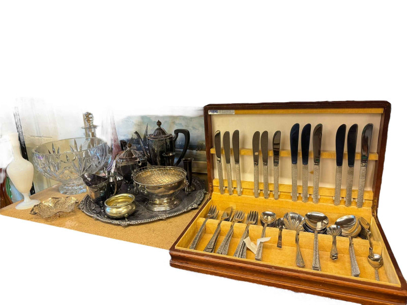 Polished copper coal scuttle, canteen of cutlery, silver plated wares, Edward Elliott oil painting, etc.