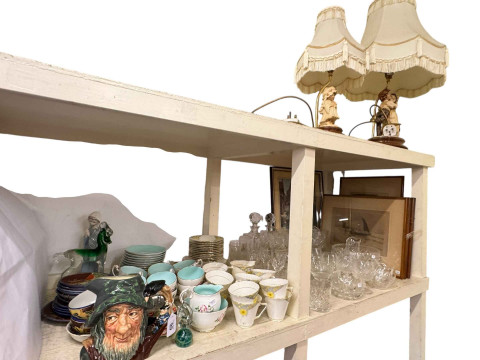 Collection of part tea wares, glass, table lamps, prints, etc.