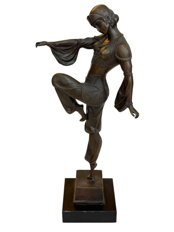 Art Deco style bronze lady in dancing pose on marble base, 44cm.