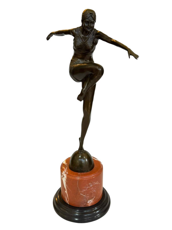 Art Deco style bronze of a dancing lady on marble plinth, 57cm.