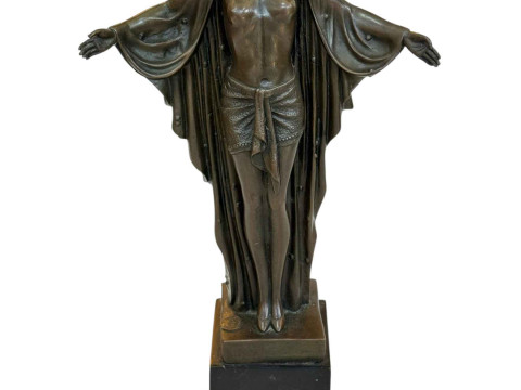 Art Deco style bronze semi nude lady on marble base, 44cm high.