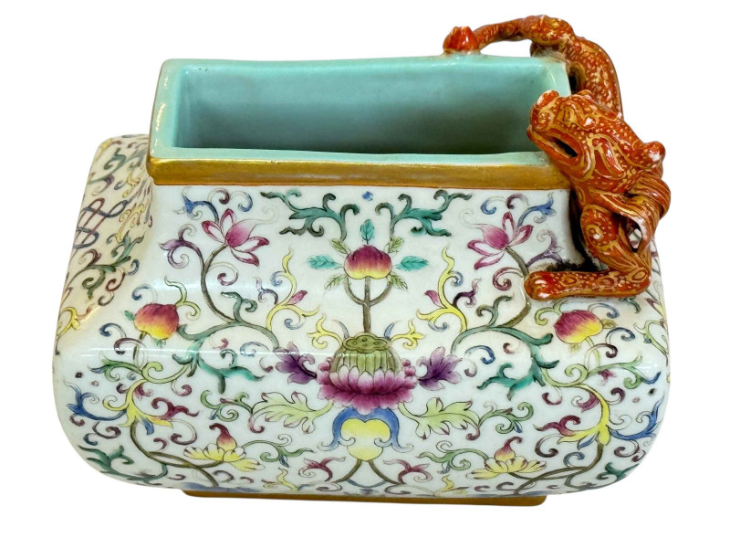 Famille Rose dragon porcelain water pot with Qianlong impressed mark to base.