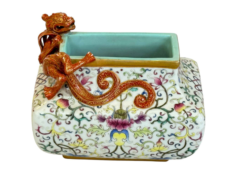 Famille Rose dragon porcelain water pot with Qianlong impressed mark to base.