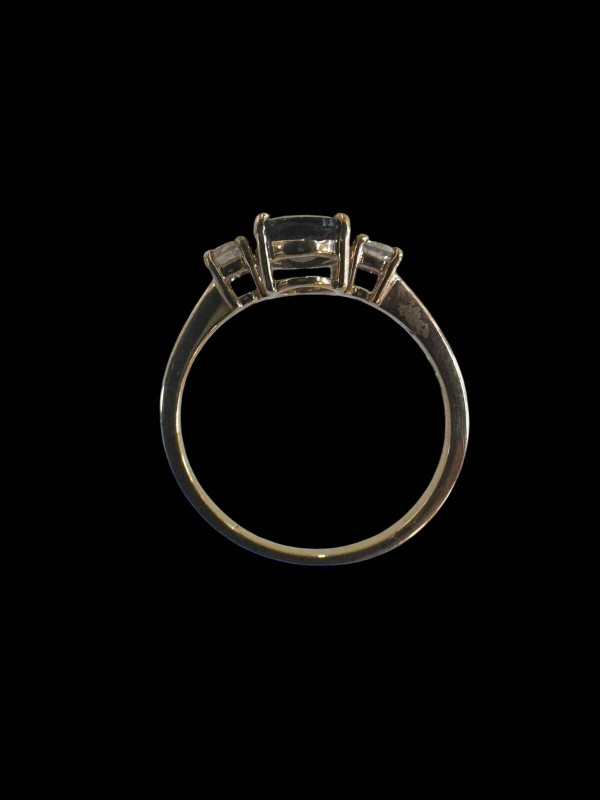 18 carat yellow gold, sapphire and diamond three stone ring, size O.