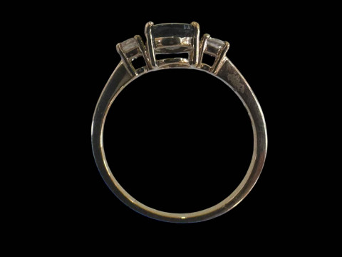 18 carat yellow gold, sapphire and diamond three stone ring, size O. thumbnail