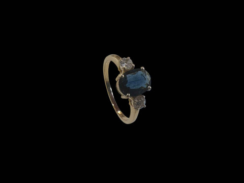 18 carat yellow gold, sapphire and diamond three stone ring, size O.