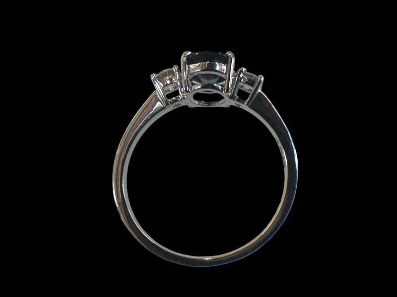 Sapphire and diamond three stone ring set in 18 carat white gold, size O.